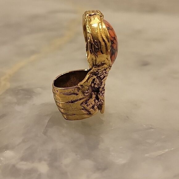 Yves Saint Laurent YSL 5 Arty Orange Coral Cabochon Limited RARE 24k Gold Ring - Picture 9 of 14